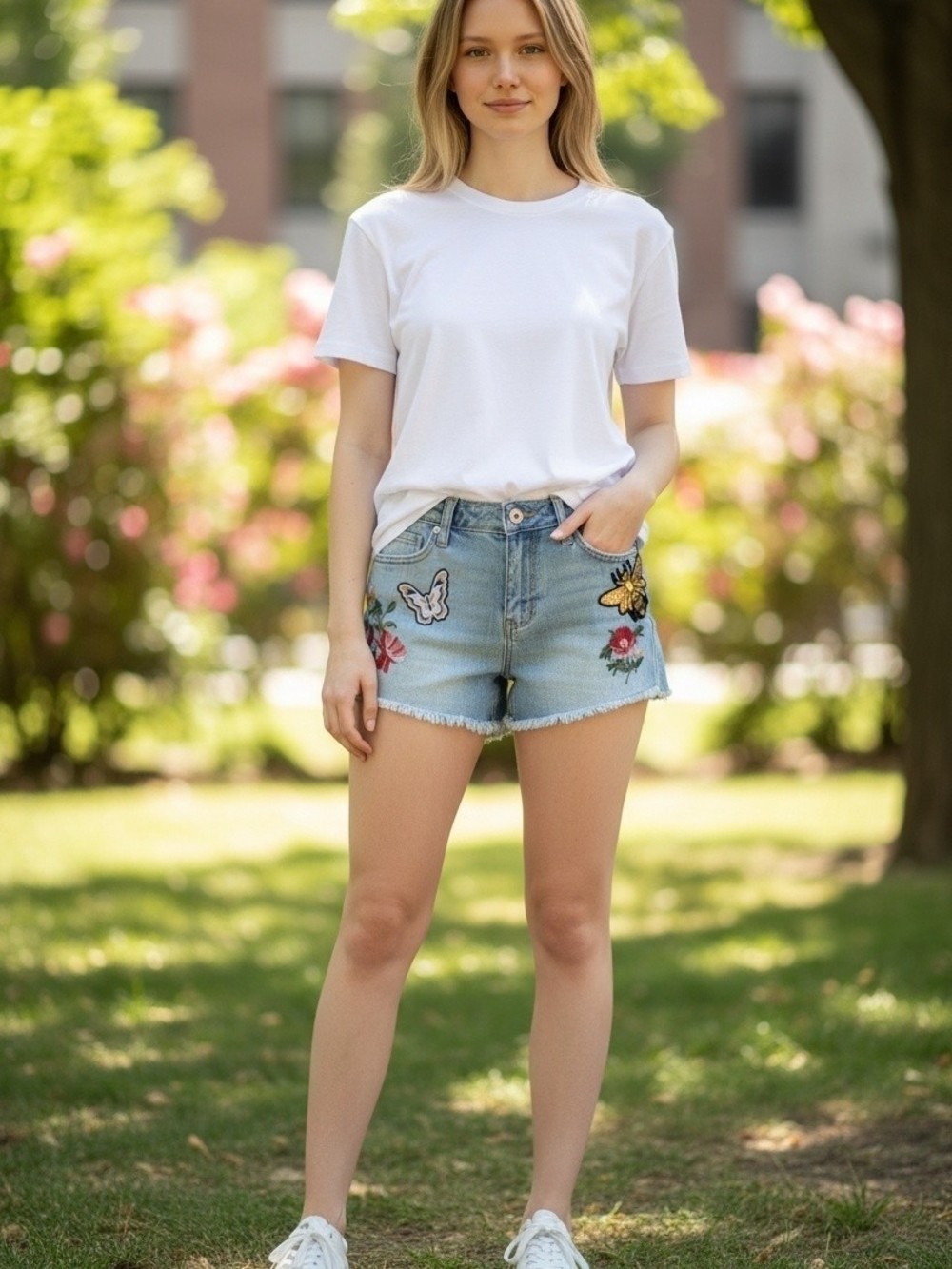 Arizona Jean Company Light Blue Embroidered Denim Shorts